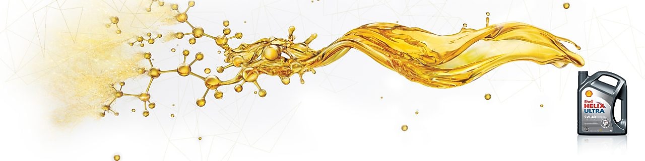 Emballage Shell Helix Ultra avec l’huile s’écoulant de l'ouverture